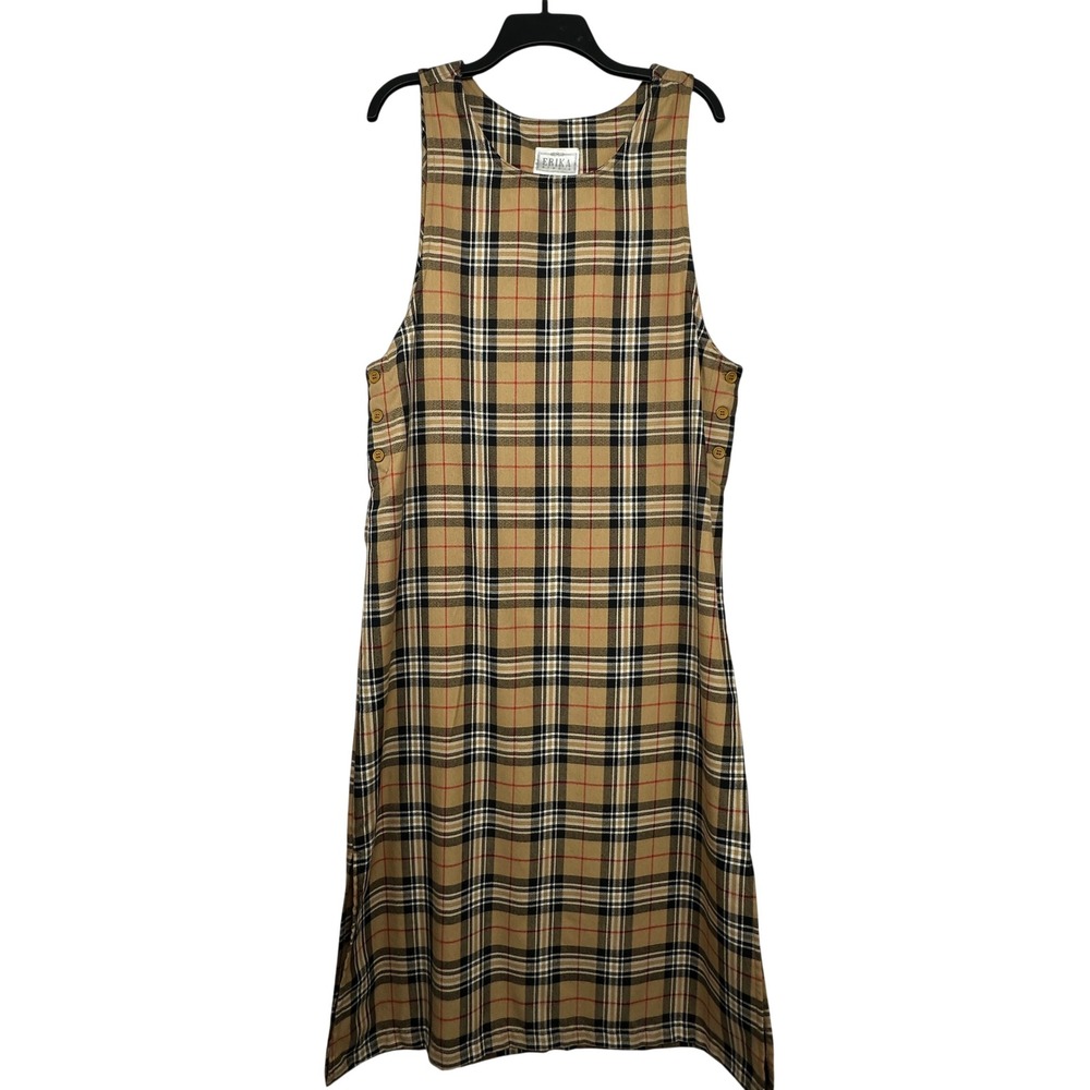 Vintage 90s Erika Studio‎ Plaid Jumper Dress Tan Black Sleeveless Midi Slit - Picture 2 of 10